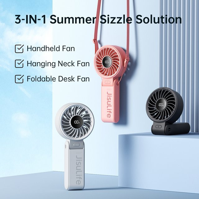 JISULIFE Tragbarer Handventilator mit LED-Display, 5 Geschwindigkeiten, 5000 mAh Akku, 150 Grad klappbar, 3-in-1 Hand-, Tisch- und Nackenventilator in Pink und Multicolour - Bild 1