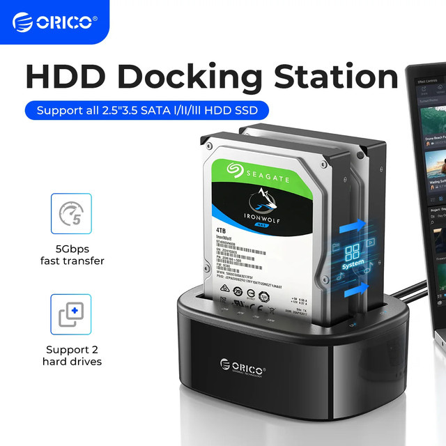 ORICO Dual-Bay HDD-Dockingstation USB 3.0 und USB-C für 2,5 und 3,5 Zoll SATA-Festplatten, Schwarz - Bild 1