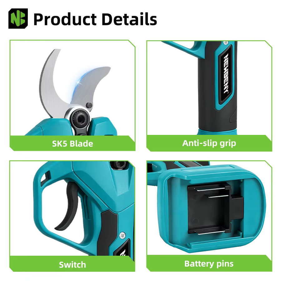 NEWBENY Bürstenlose elektrische Astschere mit 65mm Klinge, kabellose Gartenschere in Türkis für Makita LXT Akkus - Bild 4