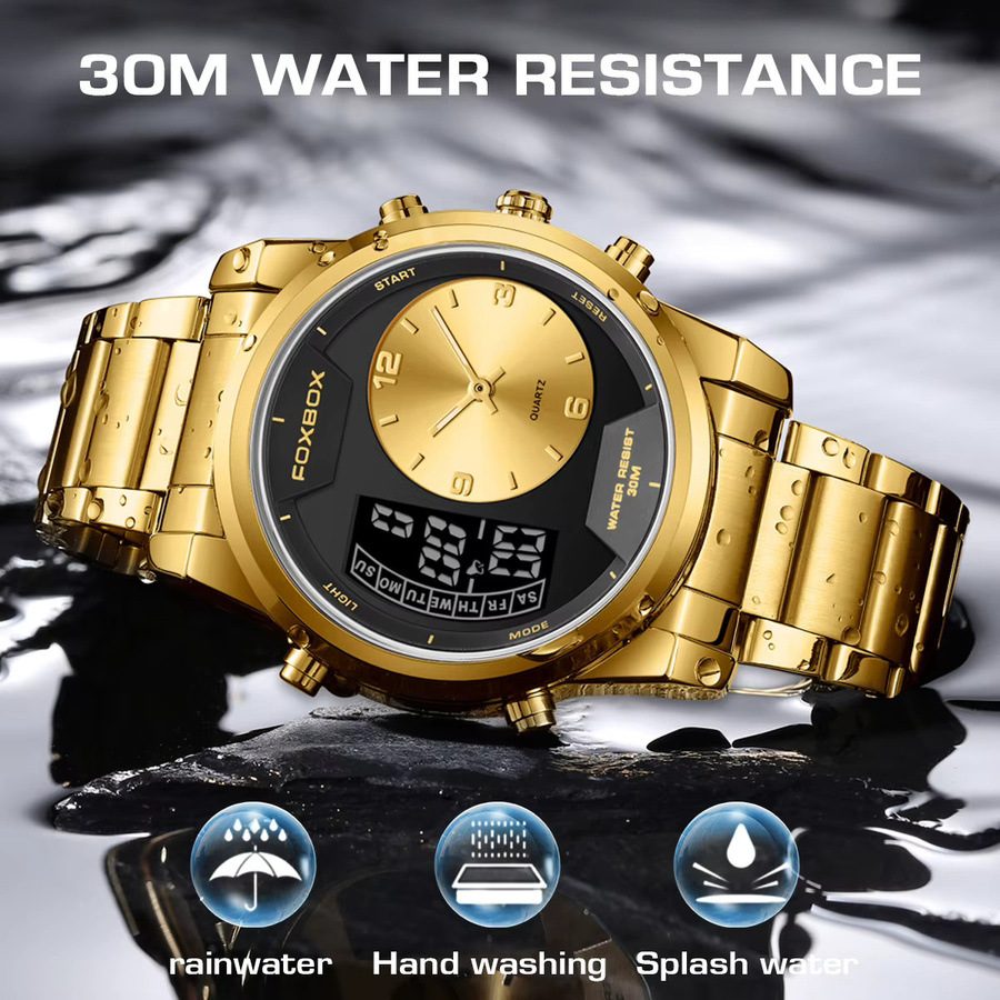 LIGE Armbanduhr, Analog-Digital, Quarz, Edelstahl, Gold, Schwarz, Herren - Bild 3