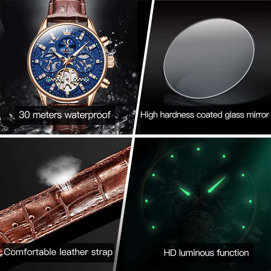 OLEVS Armbanduhr Automatik, Leder, Gold, Blau, Herren - Bild 5