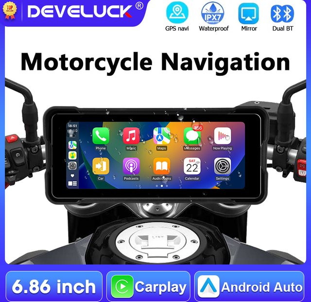 Develuck Motorrad-GPS-Navigation mit 6,86 Zoll Touchscreen, kabelloses CarPlay und Android Auto, Dual-Bluetooth, DVR und TPMS, IPX7 wasserdicht, Schwarz - Bild 1