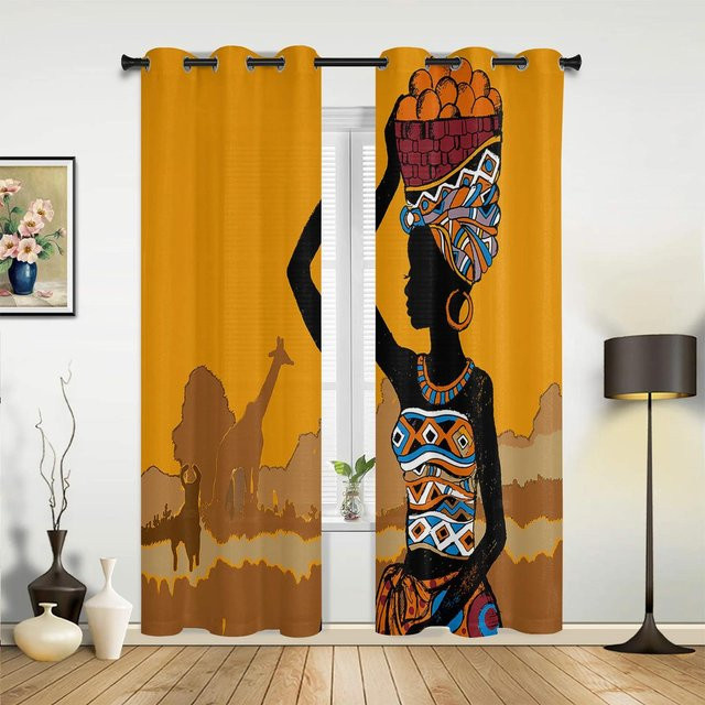 Set aus 2 semi-transparenten Vorhängen mit afrikanischer Frau und Yoga-Vase Silhouette, weiß, B: 50 cm, H: 130 cm - Bild 1