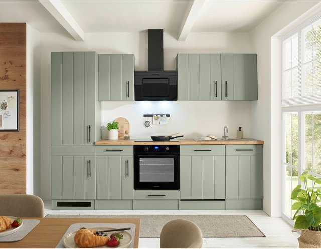 Respekta Küchenzeile Anton Landhaus Schilfgrün mit Induktionskochfeld und Soft-Close-Türen, Wildeiche-Nachbildung, Breite: 280 cm, Höhe: 76,7 cm, Tiefe: 54,5 cm - Bild 1