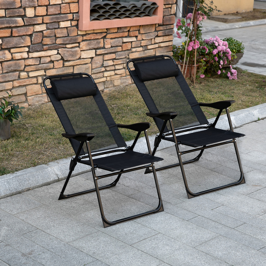 Outsunny 2er-Set Klappstühle in Schwarz mit verstellbarer Rückenlehne und Armlehnen aus Textilene und Stahl, belastbar bis 120 kg - Bild 2