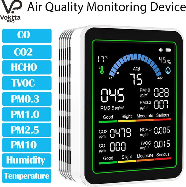 Voktta 10-in-1 Luftqualitätsmonitor in Weiß zur Messung von CO2, TVOC, HCHO, PM2,5, PM1,0, PM10 sowie Temperatur und Luftfeuchtigkeit - Bild 1