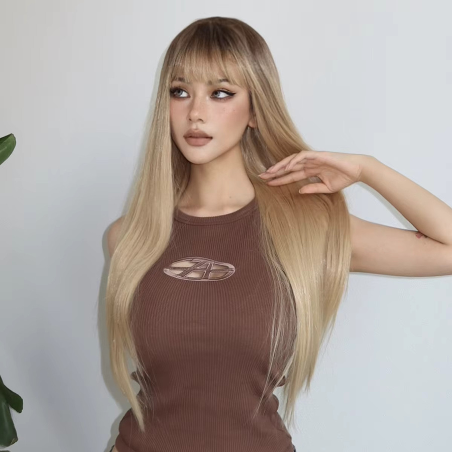 HAIRCUBE Perücke, Ombre Hellblond, Lange Gerade, Synthetisch, mit Pony, Damen - Bild 2