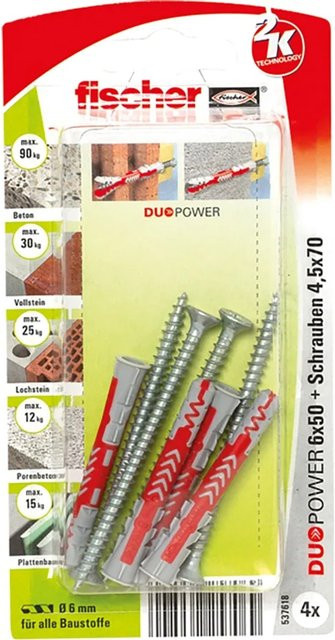 Fischer Duopower 6 x 50 S K Dübel mit Schraube, Set mit 4 Stück, Farben: Grau und Rot - Bild 1