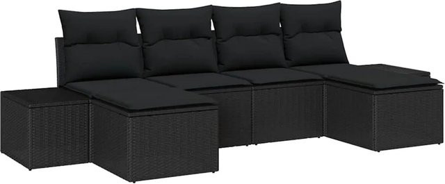 vidaXL Garten-Sofa-Set aus Polyrattan in Schwarz, 6-teiliges L-Shape Lounge-Set mit Polstern und Kissen für Garten, Terrasse oder Balkon - Bild 1
