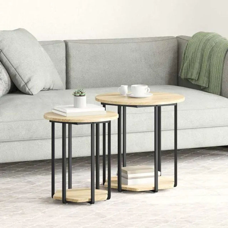 Vidaxl Beistelltisch 2er-Set Rund im Industrial Design aus Holzwerkstoff und Metall in Eiche Natur und Braun - Bild 1