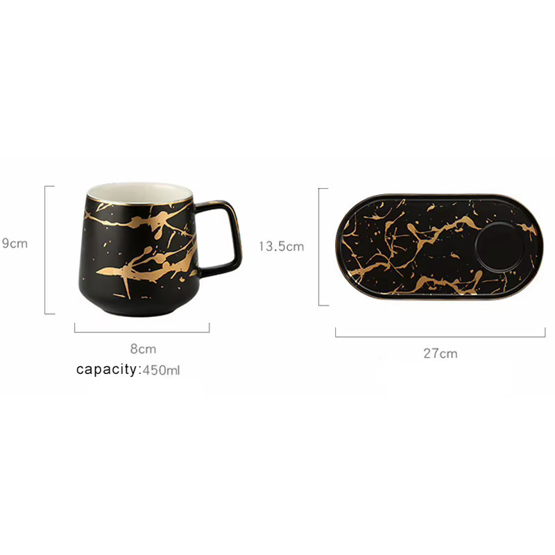 Nordisches Keramik-Set aus Porzellan mit marmoriertem Design, bestehend aus Milchbecher, Kaffeetasse, Untertasse und Frühstücksteller in Multicolour, Grün und Schwarz - Bild 2