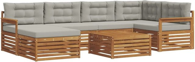 vidaXL Outdoor-Sofagarnitur L-Form aus Akazienholz mit Kissen, 19-teiliges Set, Natur und Hellgrau - Bild 1