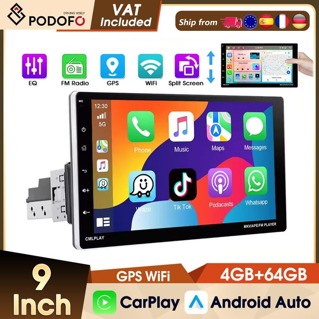 Podofo 1Din Autoradio mit 4GB RAM und 64GB Speicher, Android Auto, Carplay, GPS-Navigation, WLAN, Bluetooth, USB und FM-Radio in Schwarz - Bild 1