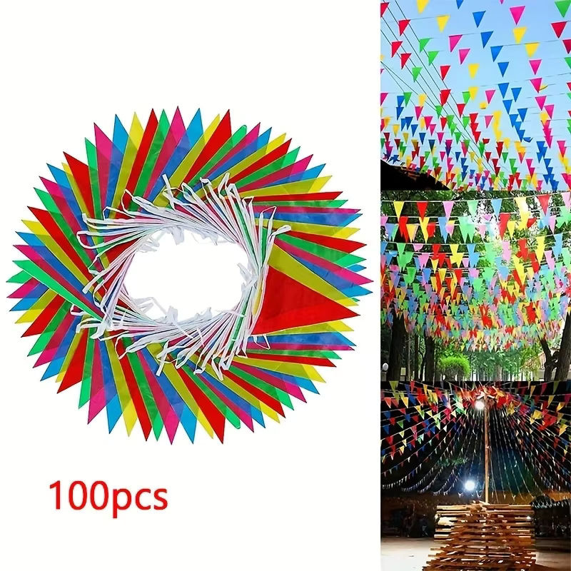 100 Stück bunte Wimpelkette aus Textil mit geometrischem Muster für Geburtstag, Hochzeit und Weihnachten, mehrfarbig hängend - Bild 2