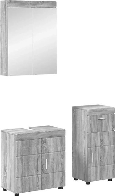 vidaXL Badezimmer-Möbelset TULUM in Grau, bestehend aus Waschbeckenunterschrank, Spiegelschrank und Schrank, modern aus Holzwerkstoff, B/T/H: 60 x 34 x 63 cm, 60 x 16,5 x 78 cm und 37 x 31,5 x 82 cm - Bild 1