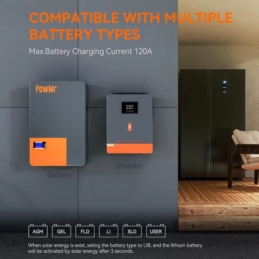 PowMr Reiner Sinus-Solarwechselrichter 6,2 kW 48Vdc 230Vac mit 120A MPPT-Ladefunktion und 8000W 500V PV-Eingang in Grau - Bild 2