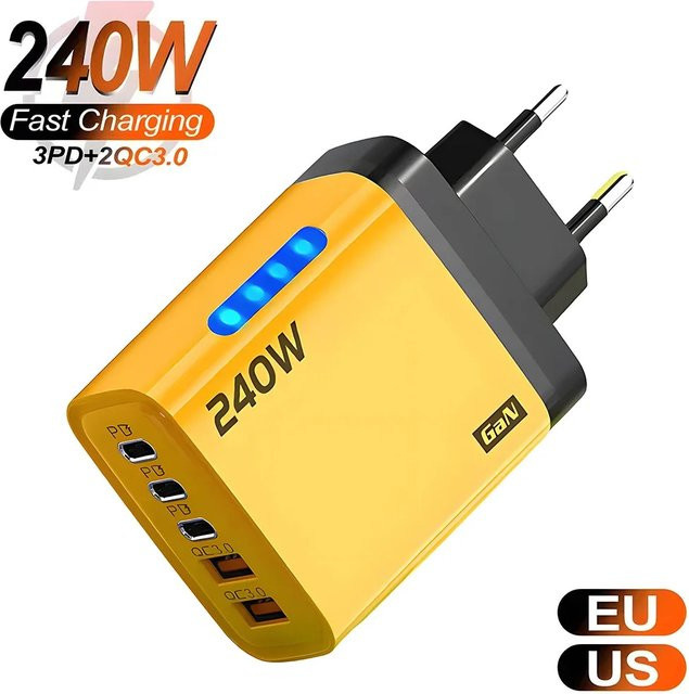 Maerknon 240W GaN USB-C Schnellladegerät mit 5 Anschlüssen, Multi-Port Wandadapter in Schwarz - Bild 1