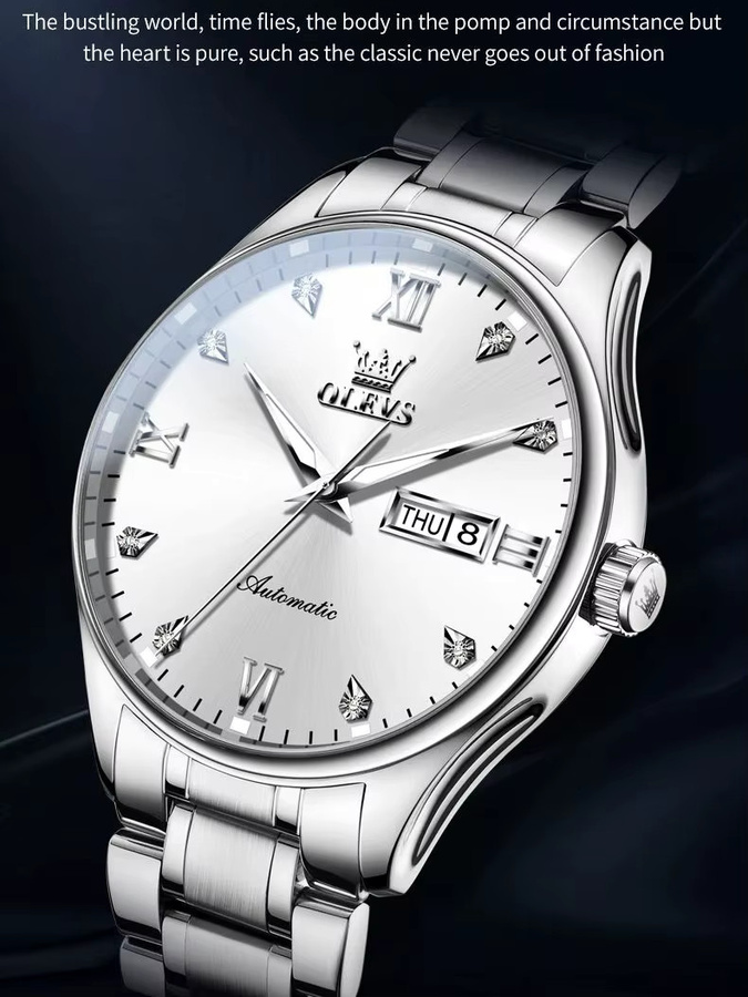 OLEVS Armbanduhr Automatik, Edelstahl, Silber, Diamant, Herren - Bild 7