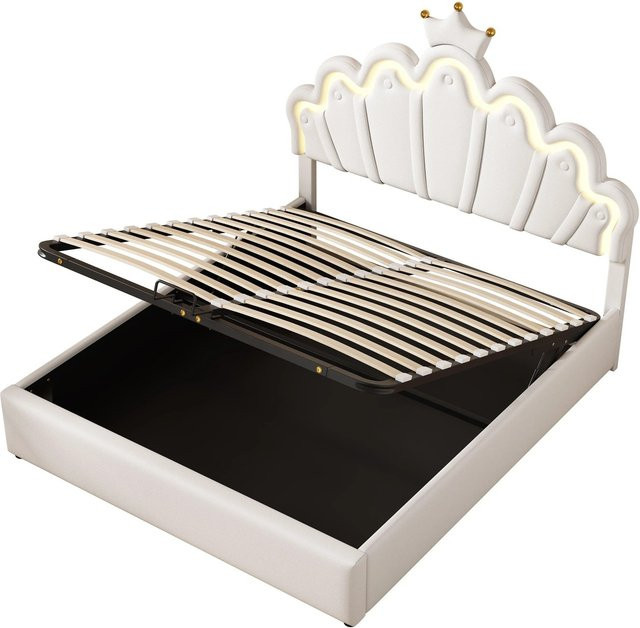 okwish Polsterbett Prinzessinnenbett mit LED Kronenleiste in Weiß, B/T/H: 144 x 203 x 131 cm - Bild 1