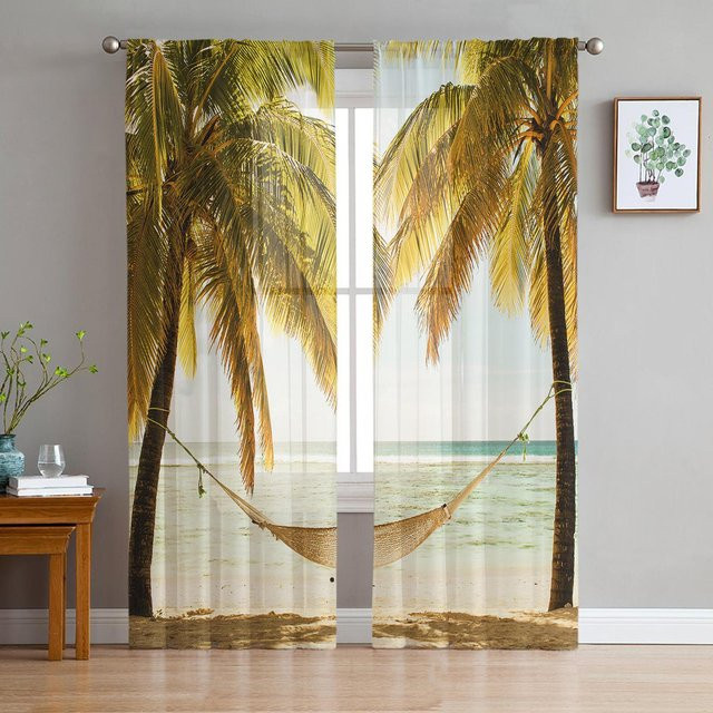 Sunset Beach Palme Transparente Vorhänge aus Tüll und Organza in Braun, Breite: 135 cm, Höhe: 115 cm - Bild 1