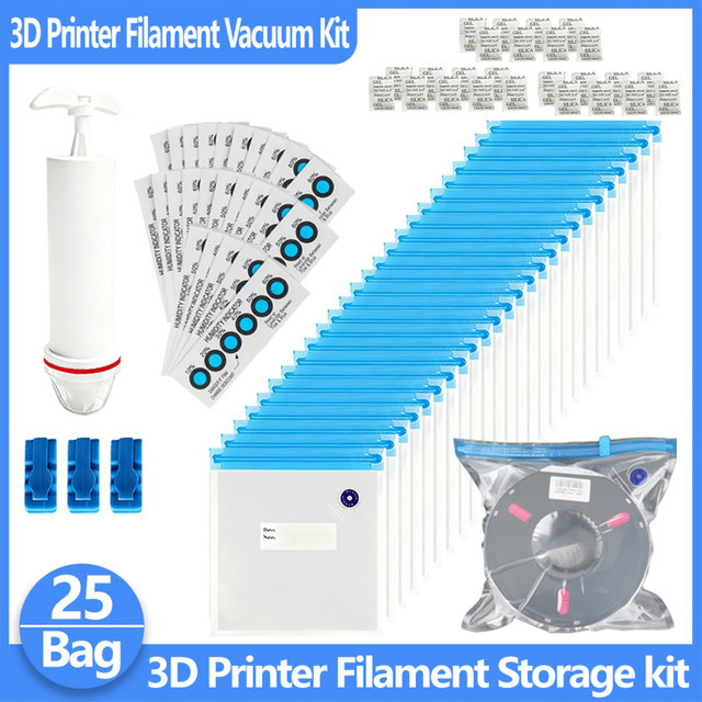 Filament-Vakuumierbeutel-Set für 3D-Drucker in Blau und Transparent mit Handpumpe, Verschlussclips, Trockenmittel und Luftfeuchtigkeitsanzeigekarte - Bild 1