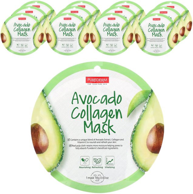 Purederm Avocado Kollagen Gesichtsmaske, 12 Stück, 18g - Bild 1