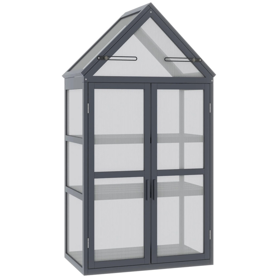 Outsunny Mini Gewächshaus aus Tannenholz und Polycarbonat in Grau mit zwei klappbaren Oberlichtern und drei Einlegeböden, B/T/H: 132 x 70,5 x 42 cm - Bild 2