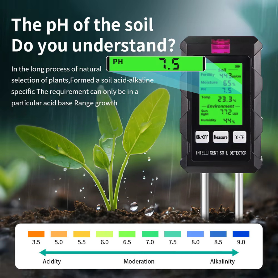 JUANJUAN Digitaler 6-in-1 Bodenfeuchtigkeitstester in Schwarz zur Pflanzenanalyse mit PH-Meter, Temperatur- und Sonnenlicht-Monitor - Bild 4