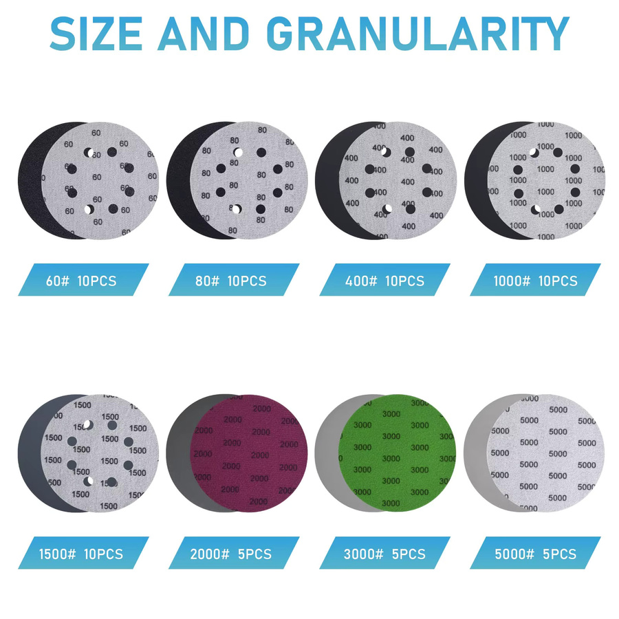 VIBRATITE 5-Zoll Nass-Trocken-Schleifpapier Set mit 65 Stück und 8 Löchern, Körnungen 60–5000 für Exzenterschleifer zum Schleifen von Metall und Holzmöbeln - Bild 2