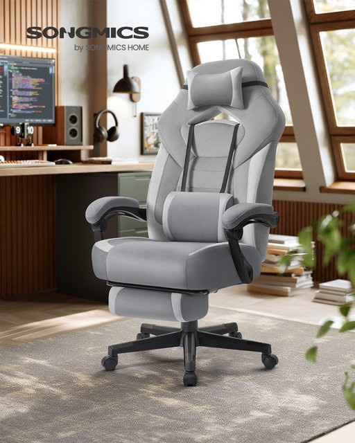 SONGMICS Gaming-Stuhl in Grau mit ergonomischem Design, Kopfstütze und Fußstütze - Bild 1