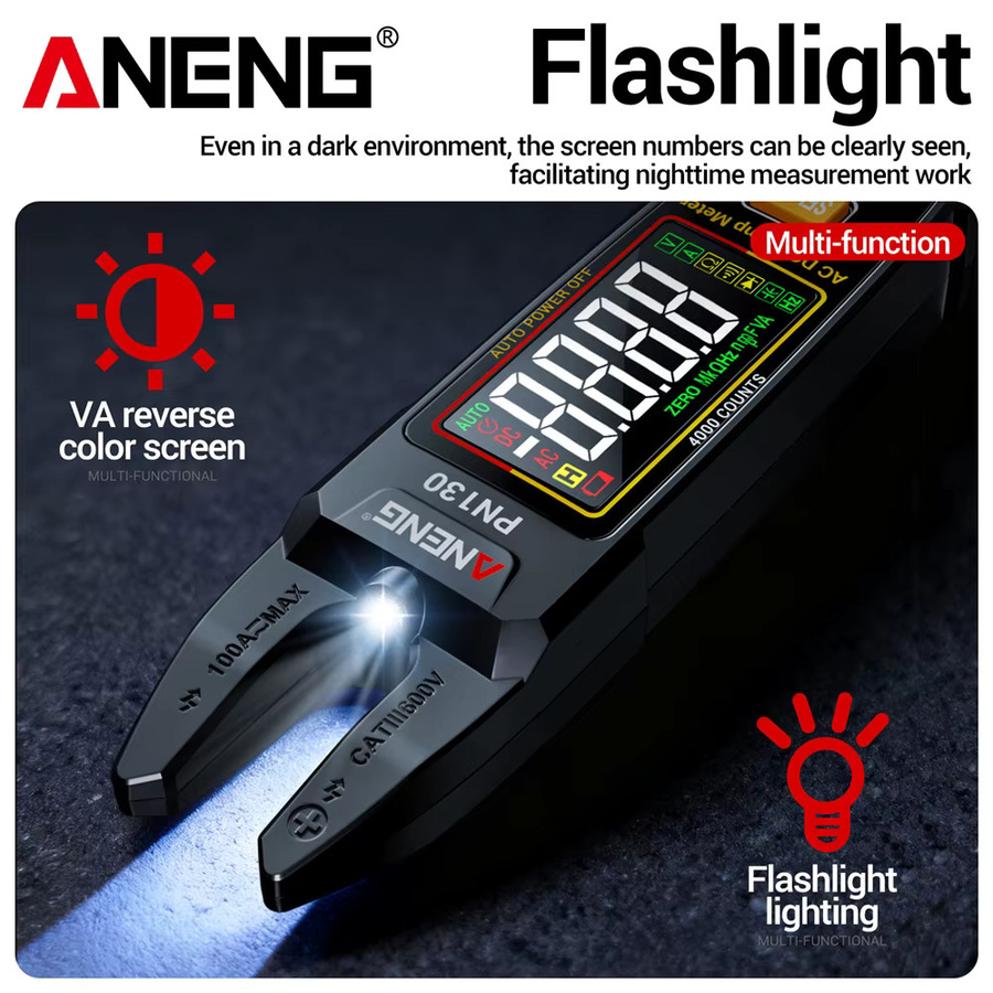 ANENG PN130 Digitales Zangenmessgerät in Schwarz mit NCV-Funktion, wiederaufladbares Multimeter für AC/DC Strom bis 100A und Spannung bis 600V - Bild 4
