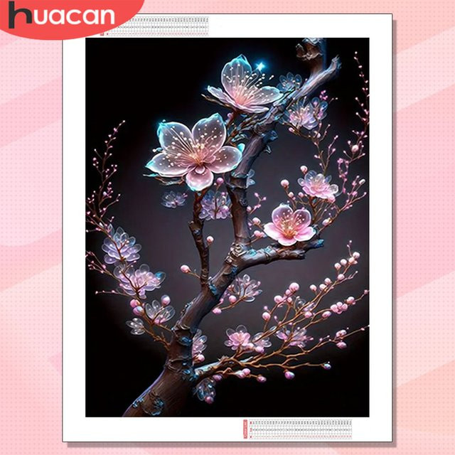 HUACAN 5D DIY Diamantmosaik-Set Pflaumenblüte in Mehrfarbig, Rundes Wanddekor mit Strasssteinen - Bild 1
