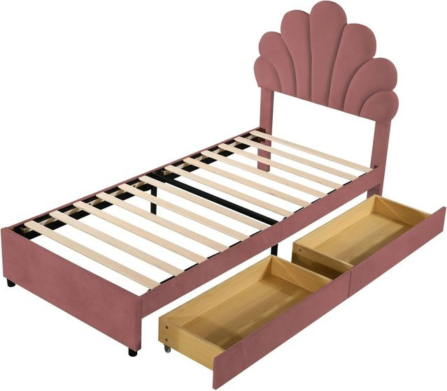 Merax Kinderbett mit Samt-Blumenkopfteil und Schubladen, Rosa/Beige, B/T/H: 90 x 200 x 116 cm - Bild 1