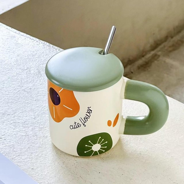 Yiran Furniture Keramiktasse mit Deckel und Löffel, abstraktes Blumen-Design, Grau, 480 ml - Bild 1