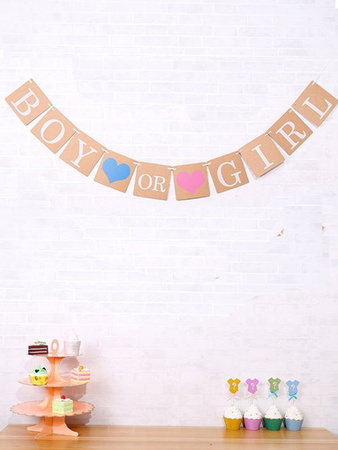 Gender Reveal Party Banner Paper Boy or Girl mit Buchstaben und Herzen in Beige zum Aufhängen