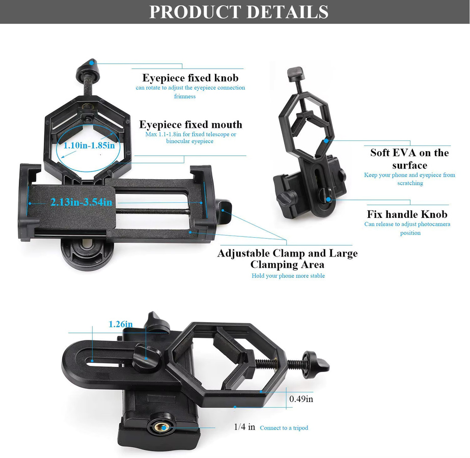 Universal Handy Adapter Clip Mount von HUOAED in Schwarz zur Smartphone-Halterung für Fernglas, Spektiv und Teleskop - Bild 5