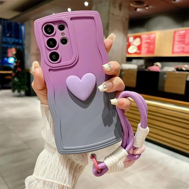 Samsung Handyhülle mit Liebesherz Armband und Lanyard in Purple Farbverlauf für Galaxy S23 S24 S25 Ultra S22 S21 Plus S20 FE A54 A34 A53 A52 - Bild 1