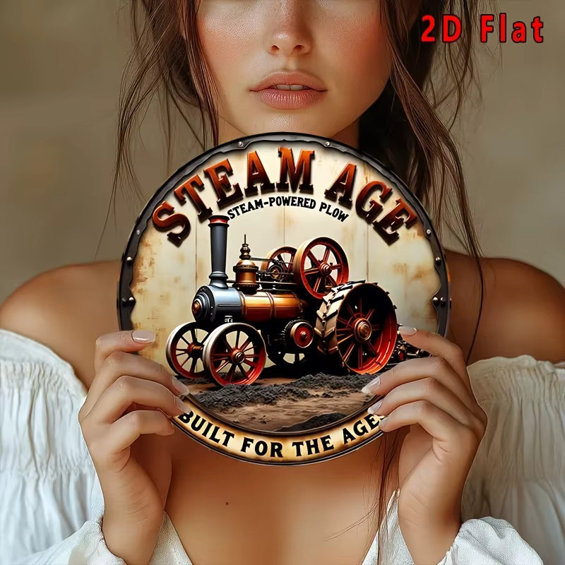 Potdemiel Vintage Steam Age Traktor Metallschild rund, rustikale Wandkunst aus Aluminium, Durchmesser: 19,81 cm, Mehrfarbig - Bild 5