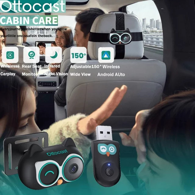 Ottocast Cabin Care Kabelloser CarPlay-Adapter mit 1080P HD Baby-Autokamera und 150 Grad Weitwinkel-Nachtsicht-Rücksitzmonitor - Bild 1