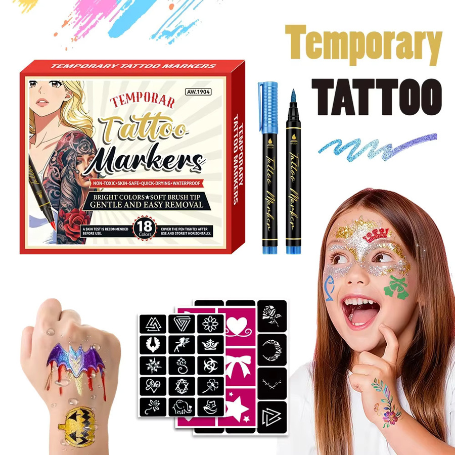 Waschbare Tattoo Stifte für Körpermalerei in Multicolour, schnell trocknende Kunstmarker für Zeichnungen und Partys - Bild 2