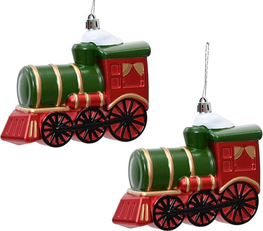 2er-Set Weihnachtsbaum Anhänger Lokomotive Dampflok in Rot und Grün aus Kunststoff für die Weihnachtsdekoration - Bild 1