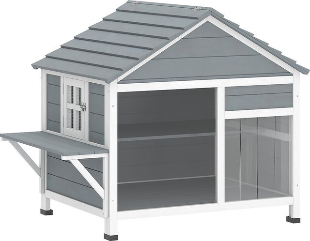 PawHut Wetterfestes Katzenhaus aus Holz in Grau mit aufklappbarem Dach und zwei Etagen, B/T/H: 101 x 72,5 x 81 cm - Bild 1