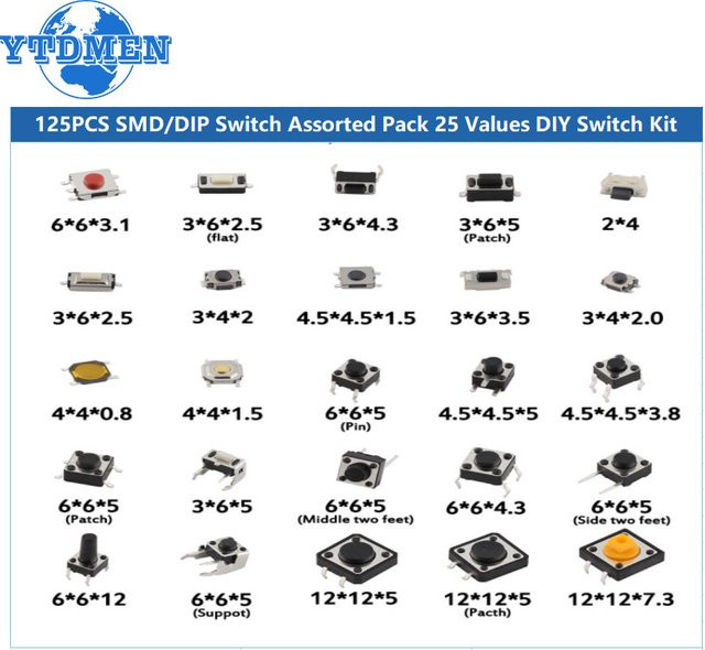 YTDMEN Dip-SMD-Mikrodrucktasten-Kit mit 125 Stück und 25 Werten in Multicolor - Bild 1