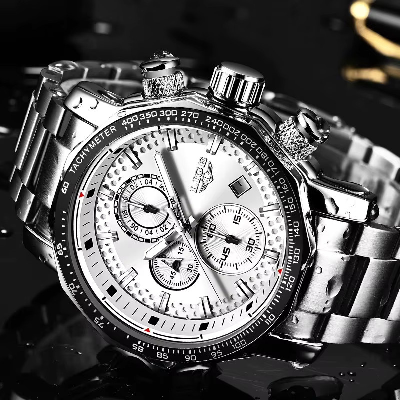 LIGE Chronograph Herrenuhr, Quarz, Edelstahl, Schwarz - Bild 4