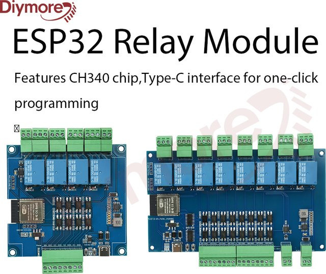 diymore ESP32 RS485 Modbus Relais Modul mit Wifi, Bluetooth und Typ-C Anschluss, 4/8 Kanal mit Optokoppler Isolation, DC 9-24V, Blau - Bild 1