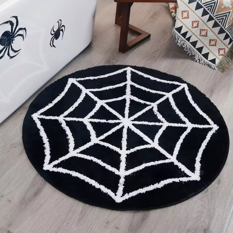 VIAKAM Halloween Spinnennetz-Teppich, runder Fußmatten-Design in Schwarz, schmutzabweisend und rutschfest, Durchmesser: 60 cm - Bild 1