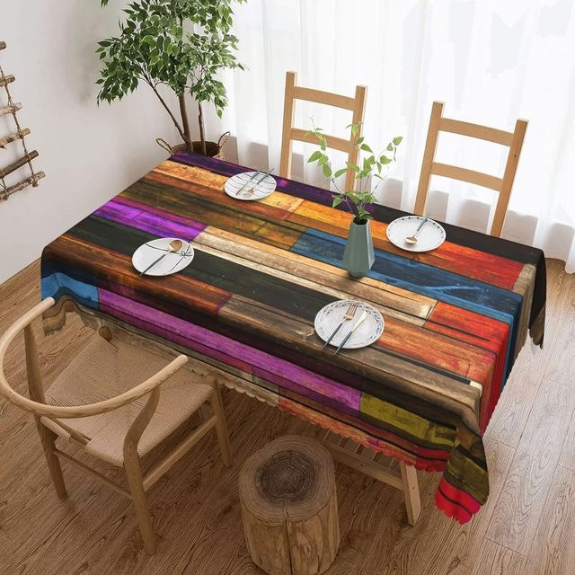 JMG Household Supplies Tischdecke mit buntem Holz-Regenbogenstreifen-Design, rechteckig, Mehrfarbig, B/T: 140 x 140 cm - Bild 1