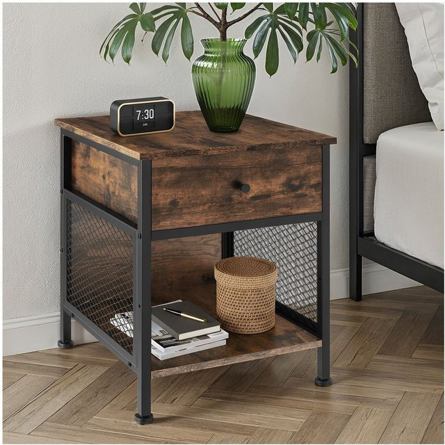 tectake Nachttisch im Industrial Style mit Schublade und Staufach, Schwarz/Braun, B: 45 cm, T: 46 cm, H: 55,5 cm - Bild 1