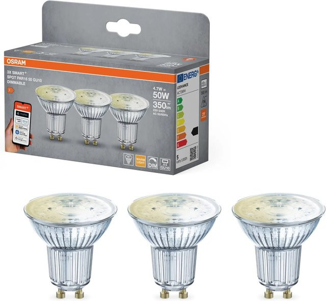 Osram Smart+ Matter LED Leuchtmittel GU10 Reflektorform PAR16, Warmweiß, 4,7 W, 350 lm, dimmbar, 3er-Pack - Bild 1