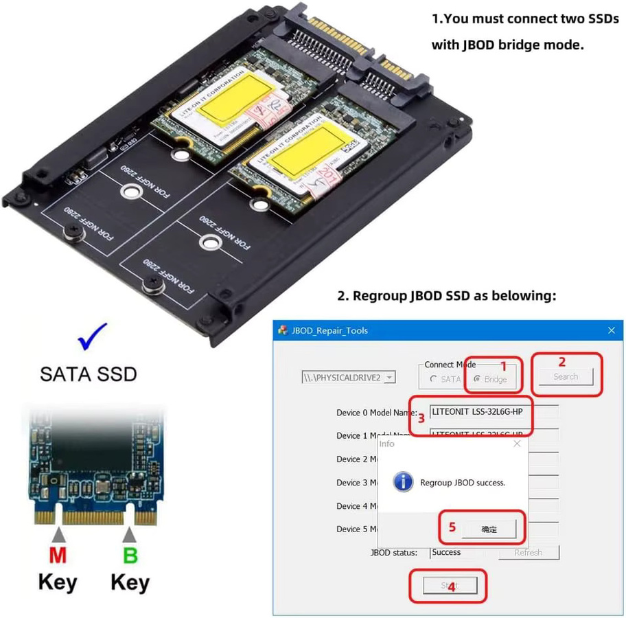 T.F.SKYWINDINTL Dual NGFF B+M Key M.2 SSD zu 2,5 Zoll SATA Combo HDD-Laufwerksgehäuse mit JBOD Raid0 Span Bridge in Schwarz - Bild 5